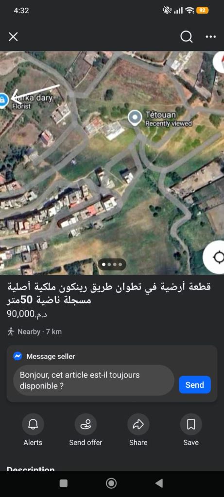 Capture mobile d’une annonce immobilière montrant uniquement une vue satellite et un emplacement approximatif